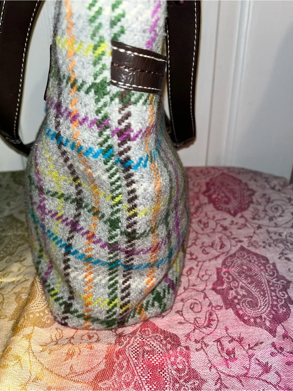 Coach Tattersal Plaid Tote with Brown Leather Trim